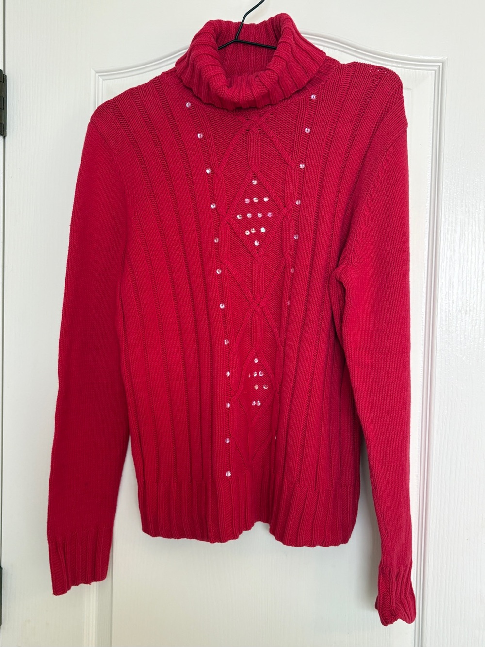 Vintage IZOD Red Rhinestone Cable Knit Turtleneck Sweater L Festive Cottagecore